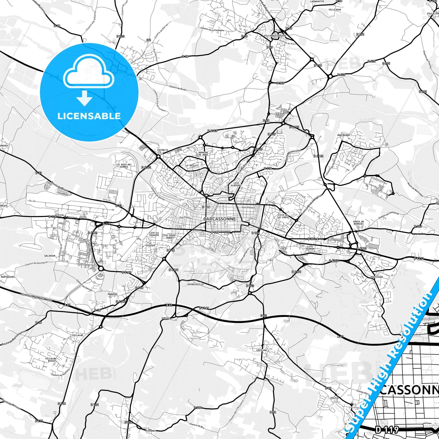 Carcassonne, France Light Map with Street Names, City Names, and Districts