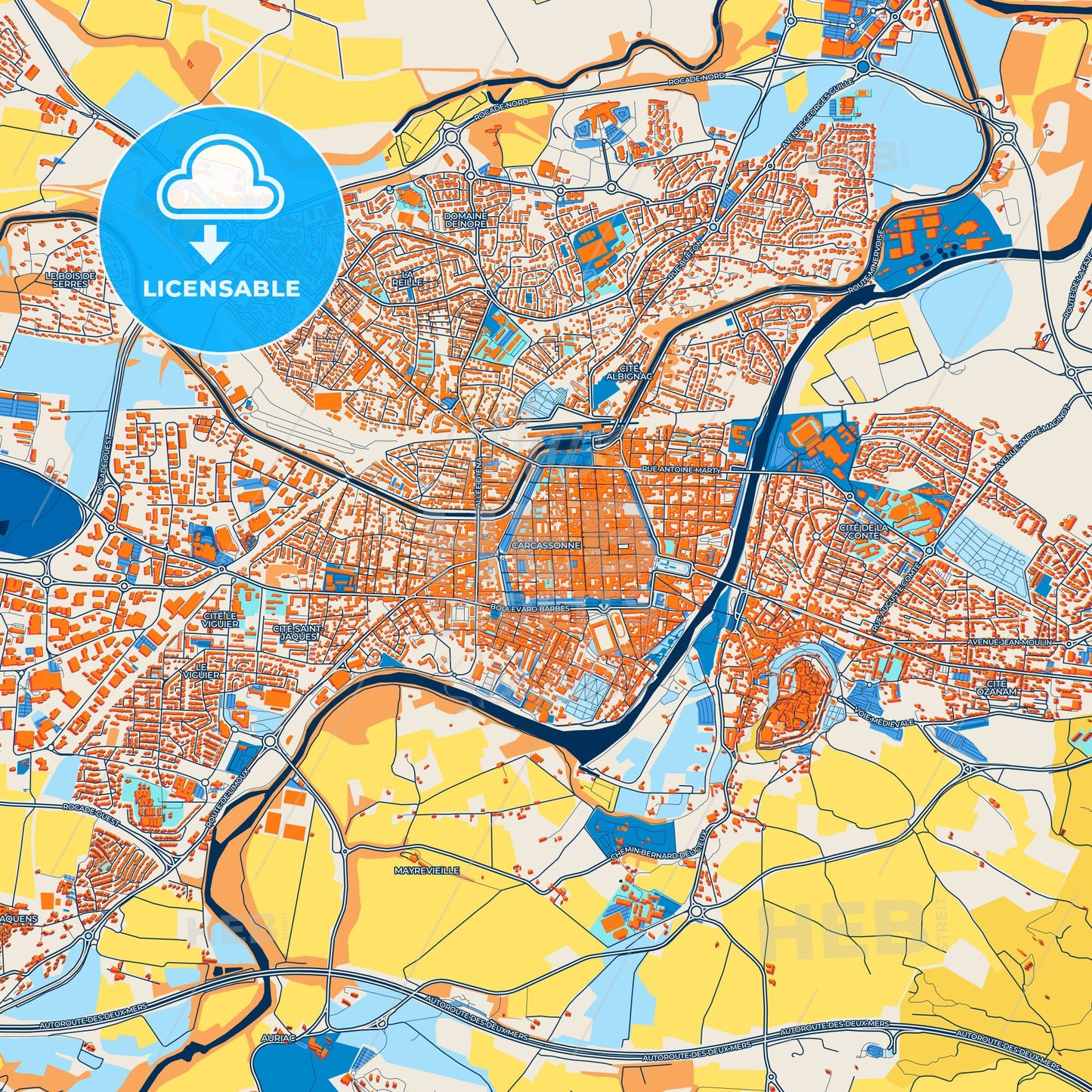 Colorful Carcassonne Street Map with Labels and Buildings