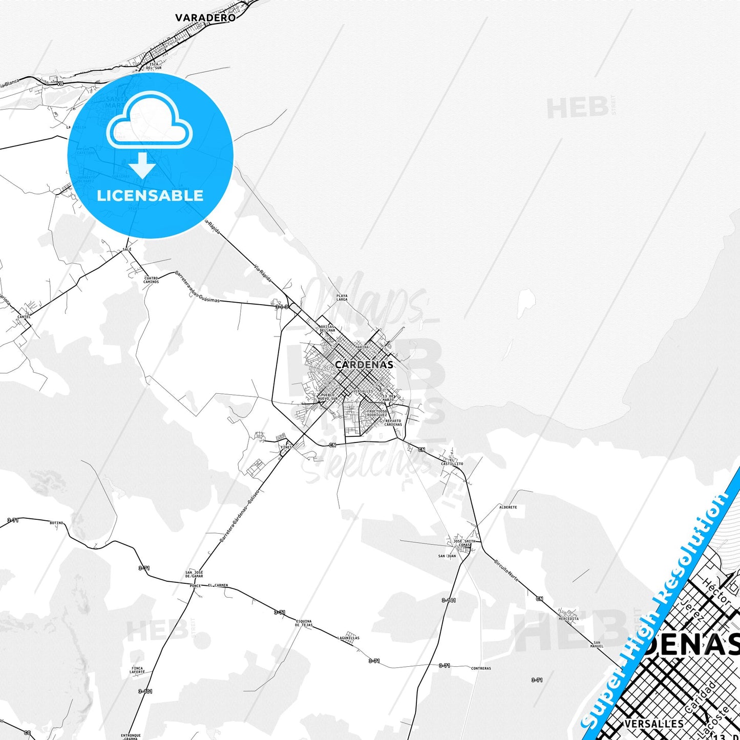 Cárdenas, Cuba light map with streetnames, citynames and districts
