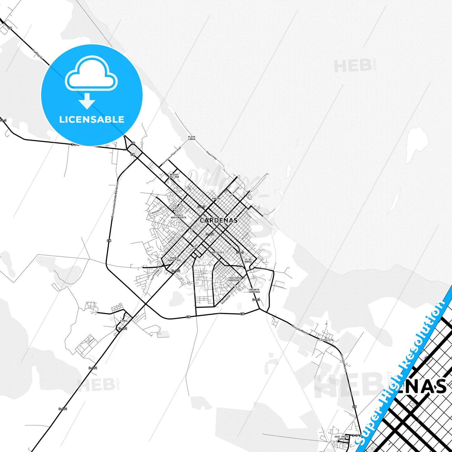 Cárdenas, Cuba Light Map with Street Names, City Names, and Districts