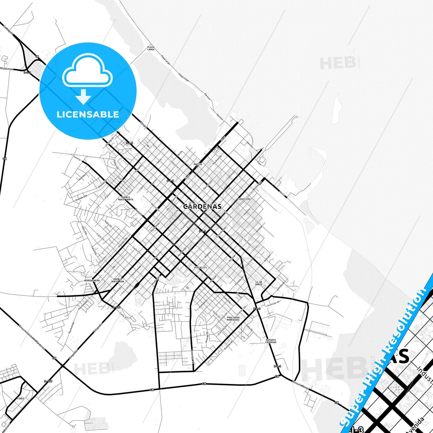 Cárdenas, Cuba Light Map with Street Names, City Names, and Districts