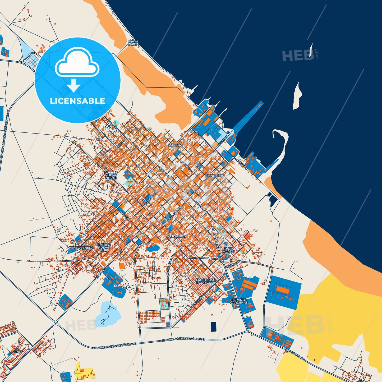 Colorful Cárdenas Street Map with Labels and Buildings