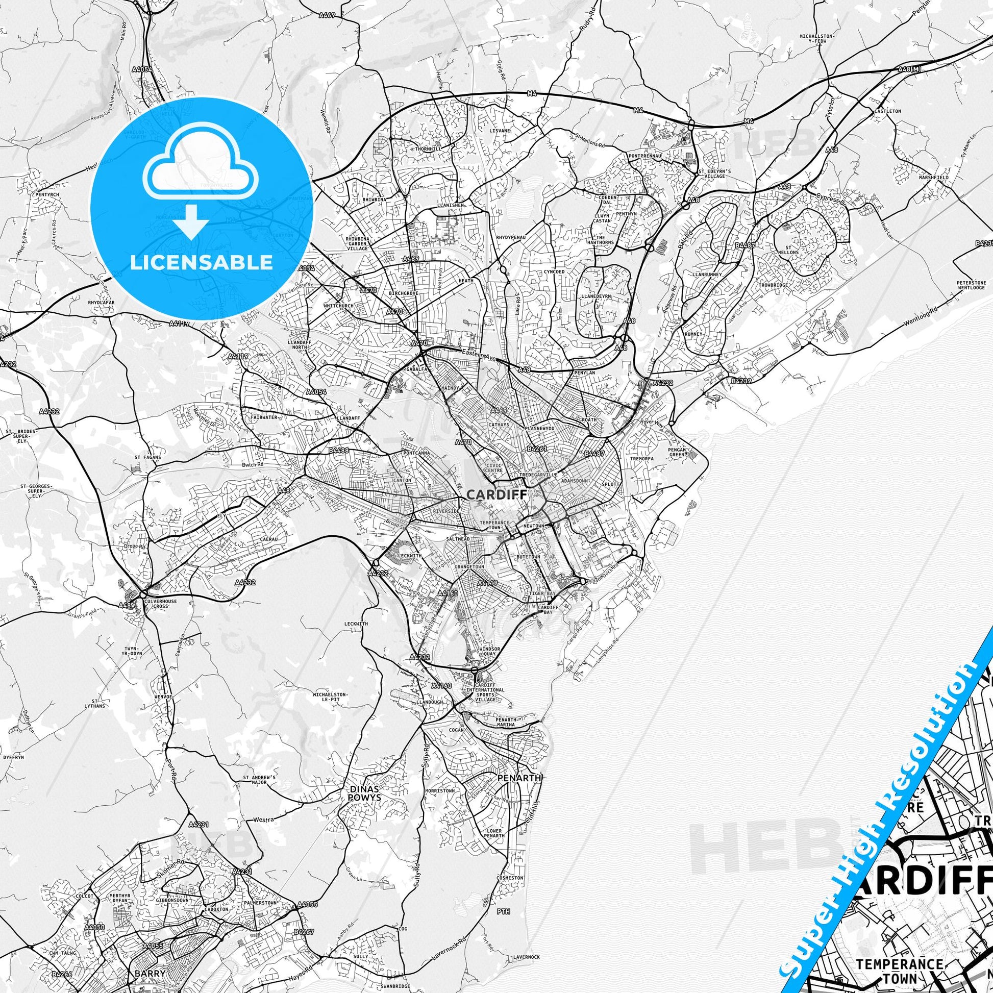 Cardiff, Wales light map with streetnames, citynames and districts
