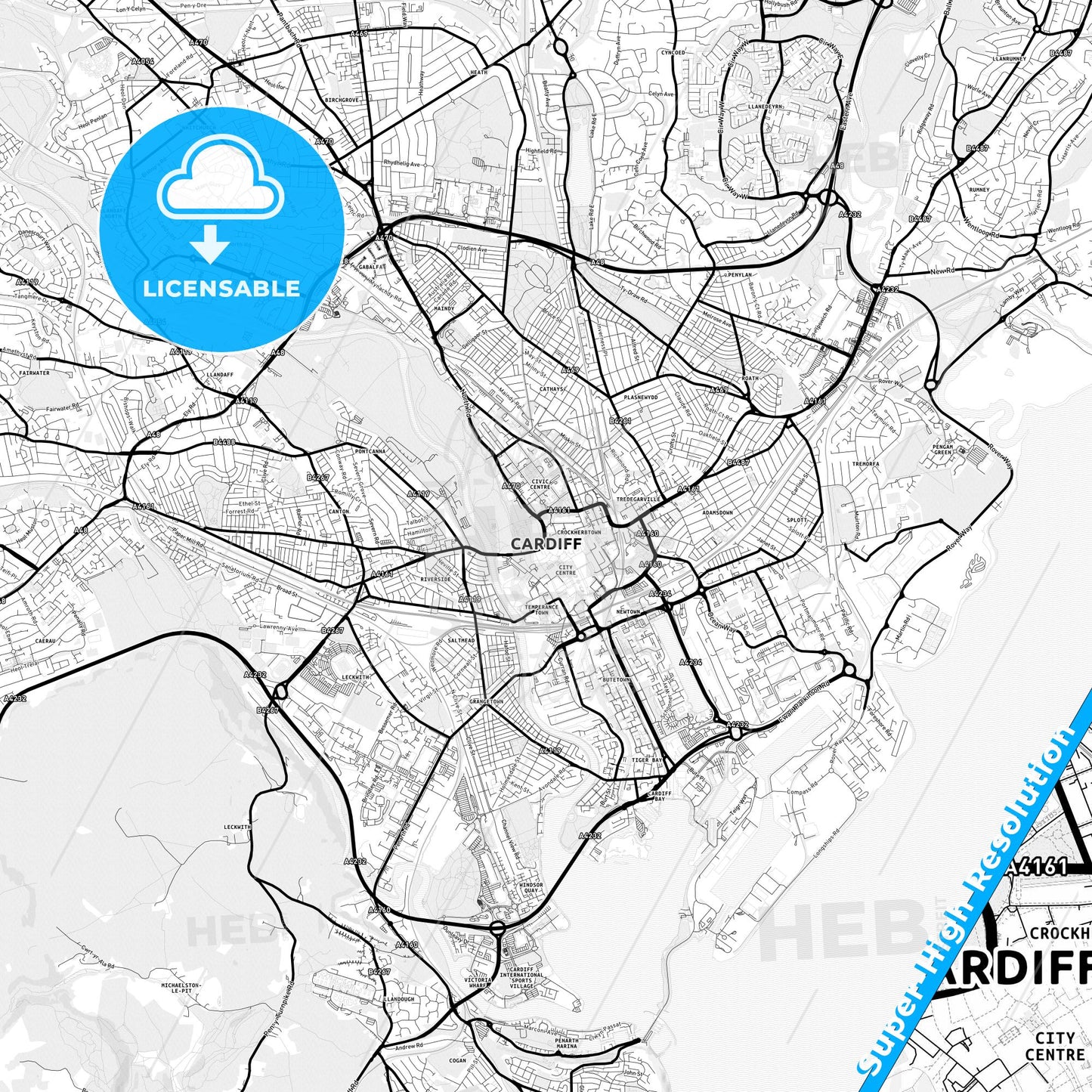 Cardiff, Wales Light Map with Street Names, City Names, and Districts