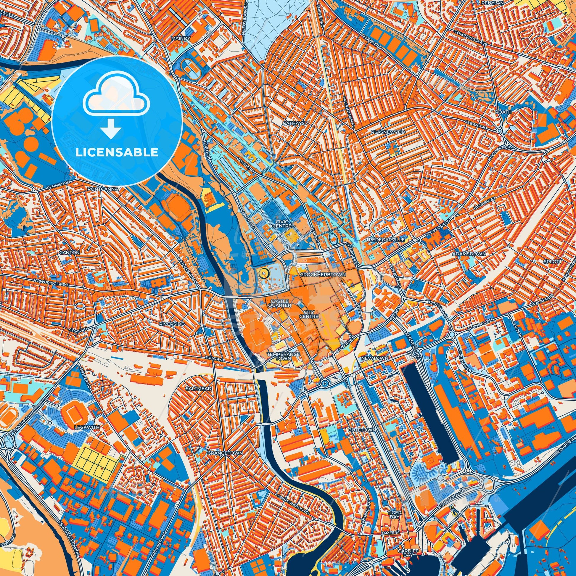 Colorful Cardiff Street Map with Labels and Buildings