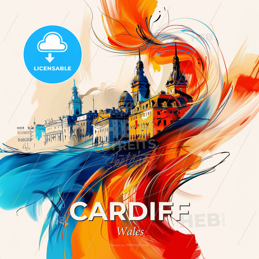 Vibrant Cardiff, Wales - A Colorful Painting Of A City - Square format print template