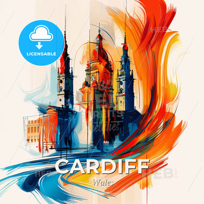 Vibrant Cardiff, Wales - A Painting Of A Building With Towers And A Colorful Brushstroke - Square format print template