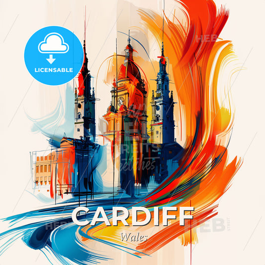 Vibrant Cardiff, Wales - A Painting Of A Building With Towers And A Colorful Brushstroke - Square format print template