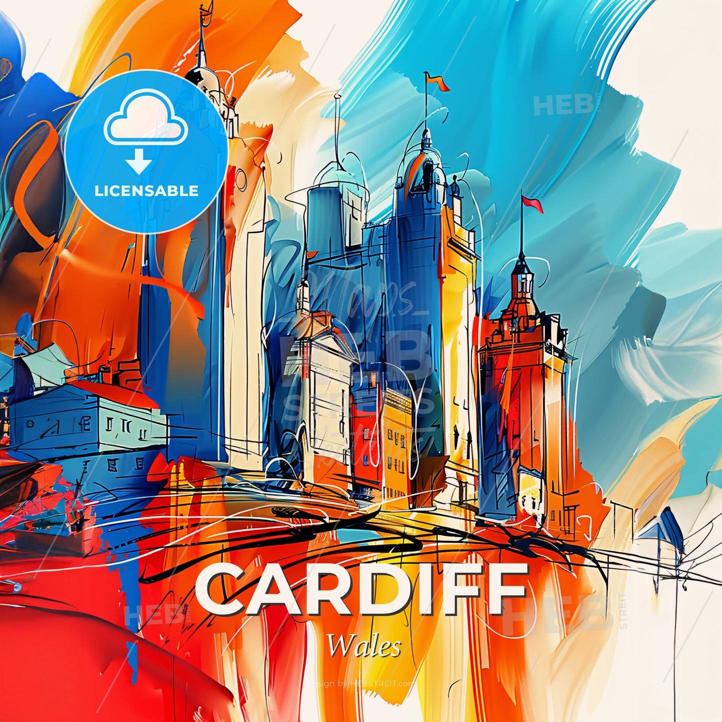 Vibrant Cardiff, Wales - A Colorful Cityscape With Towers And Flags - Square format print template