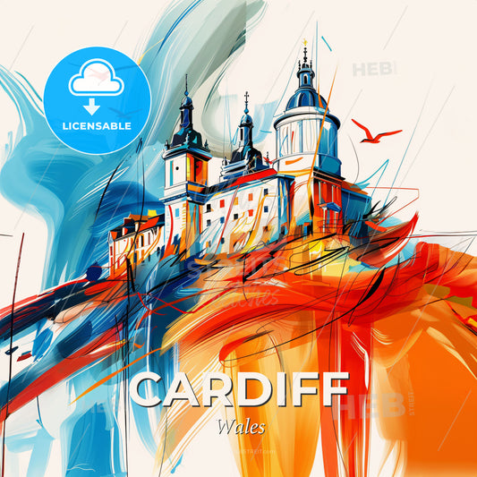 Vibrant Cardiff, Wales - A Painting Of A Castle - Square format print template