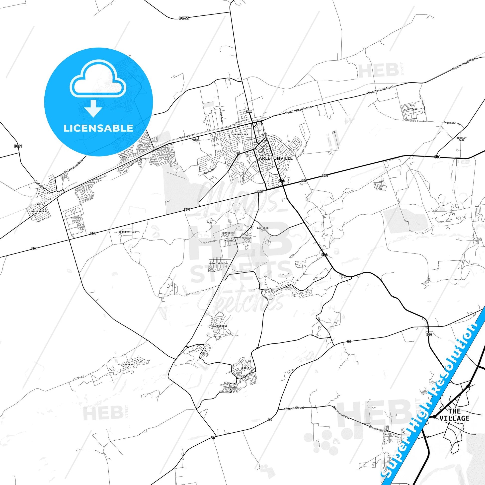 Carletonville, South Africa light map with streetnames, citynames and districts