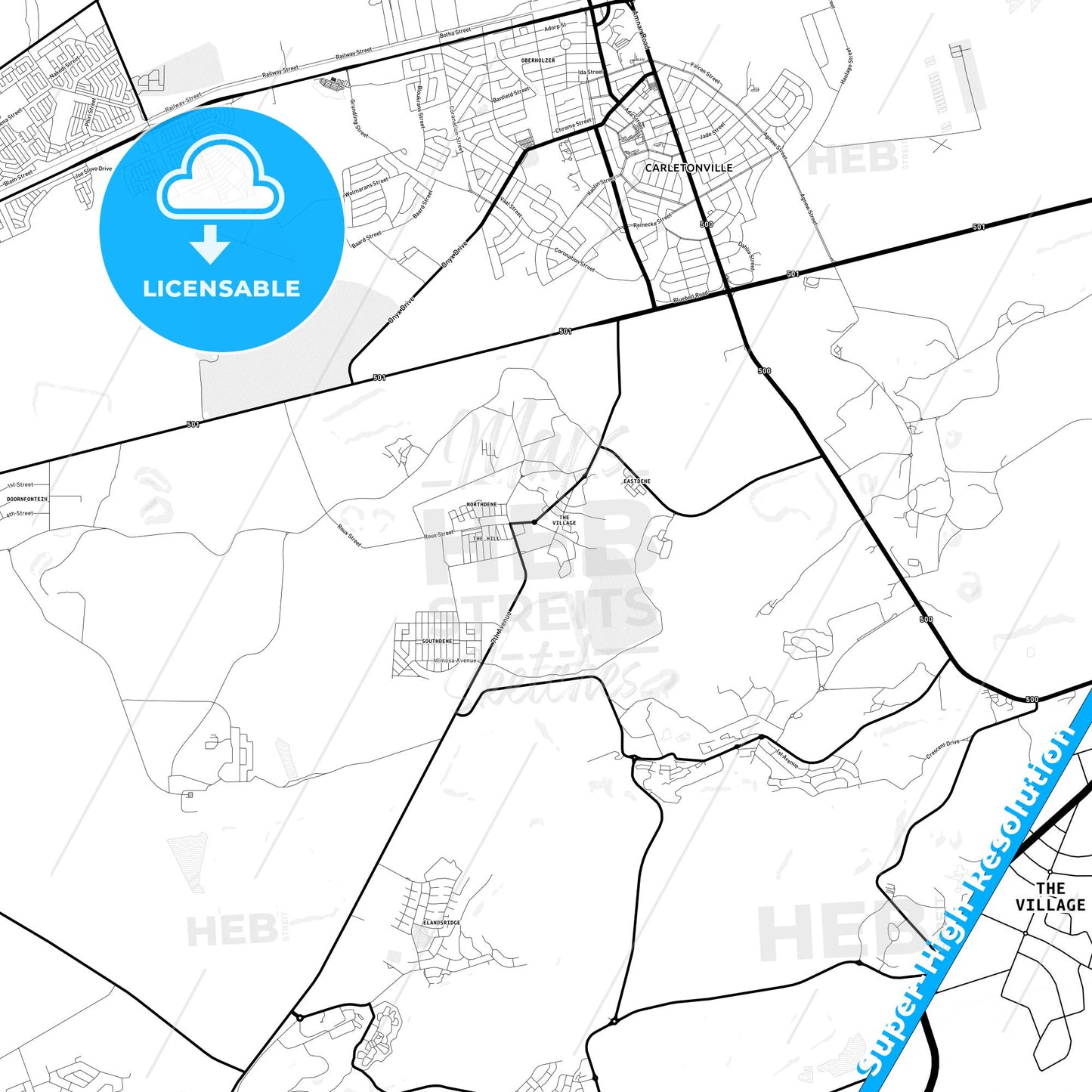 Carletonville, South Africa Light Map with Street Names, City Names, and Districts