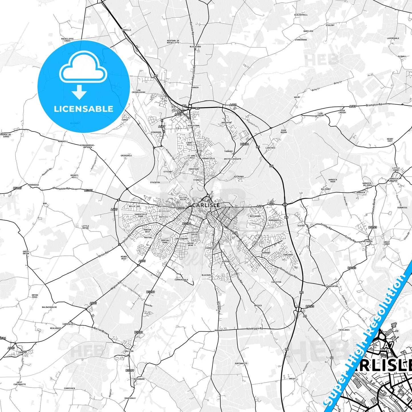 Carlisle, England light map with streetnames, citynames and districts