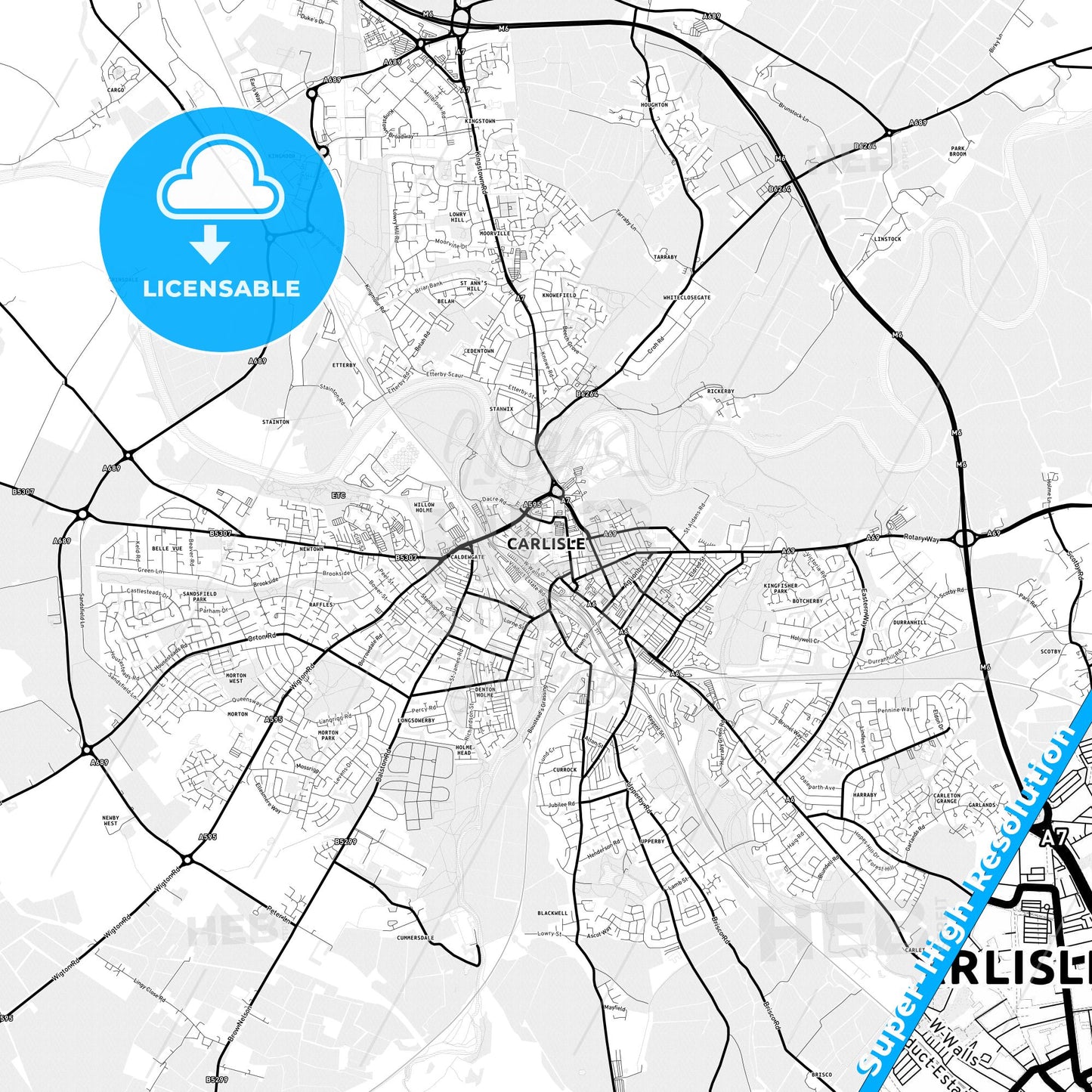 Carlisle, England Light Map with Street Names, City Names, and Districts