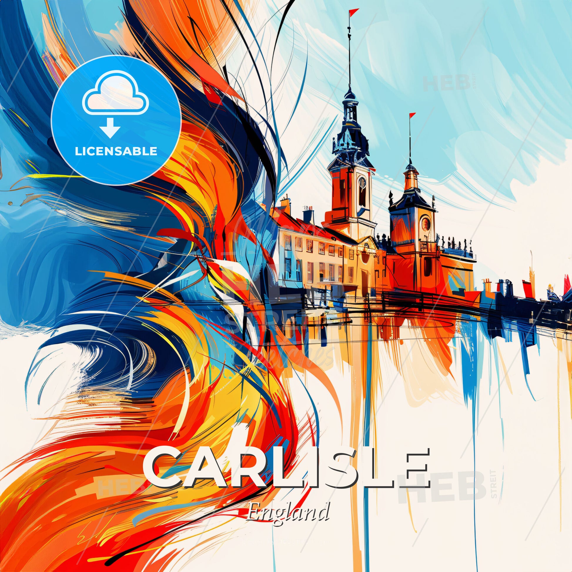 Vibrant Carlisle, England - A Painting Of A Building With A Tower And A Colorful Wave - Square format print template