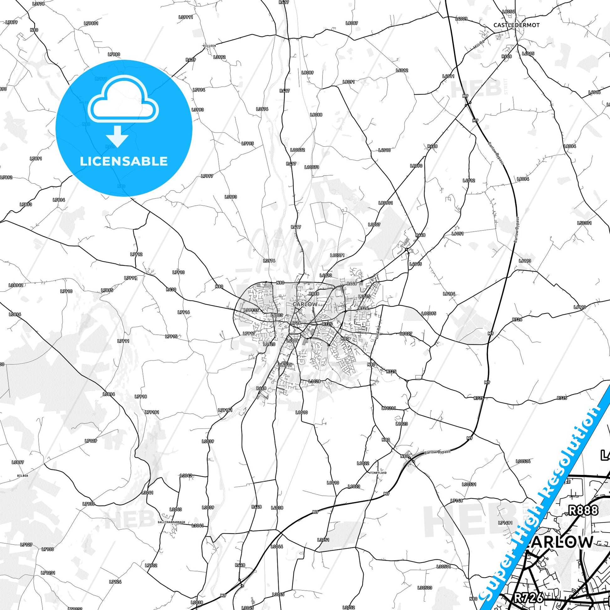 Carlow, Ireland light map with streetnames, citynames and districts