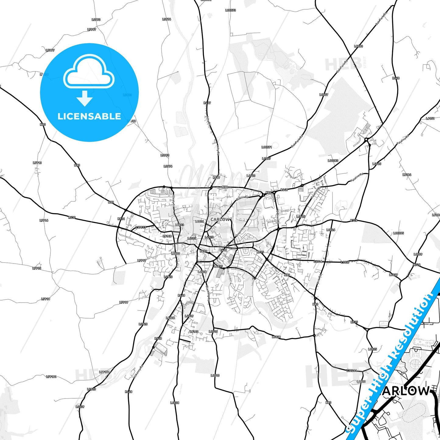 Carlow, Ireland Light Map with Street Names, City Names, and Districts