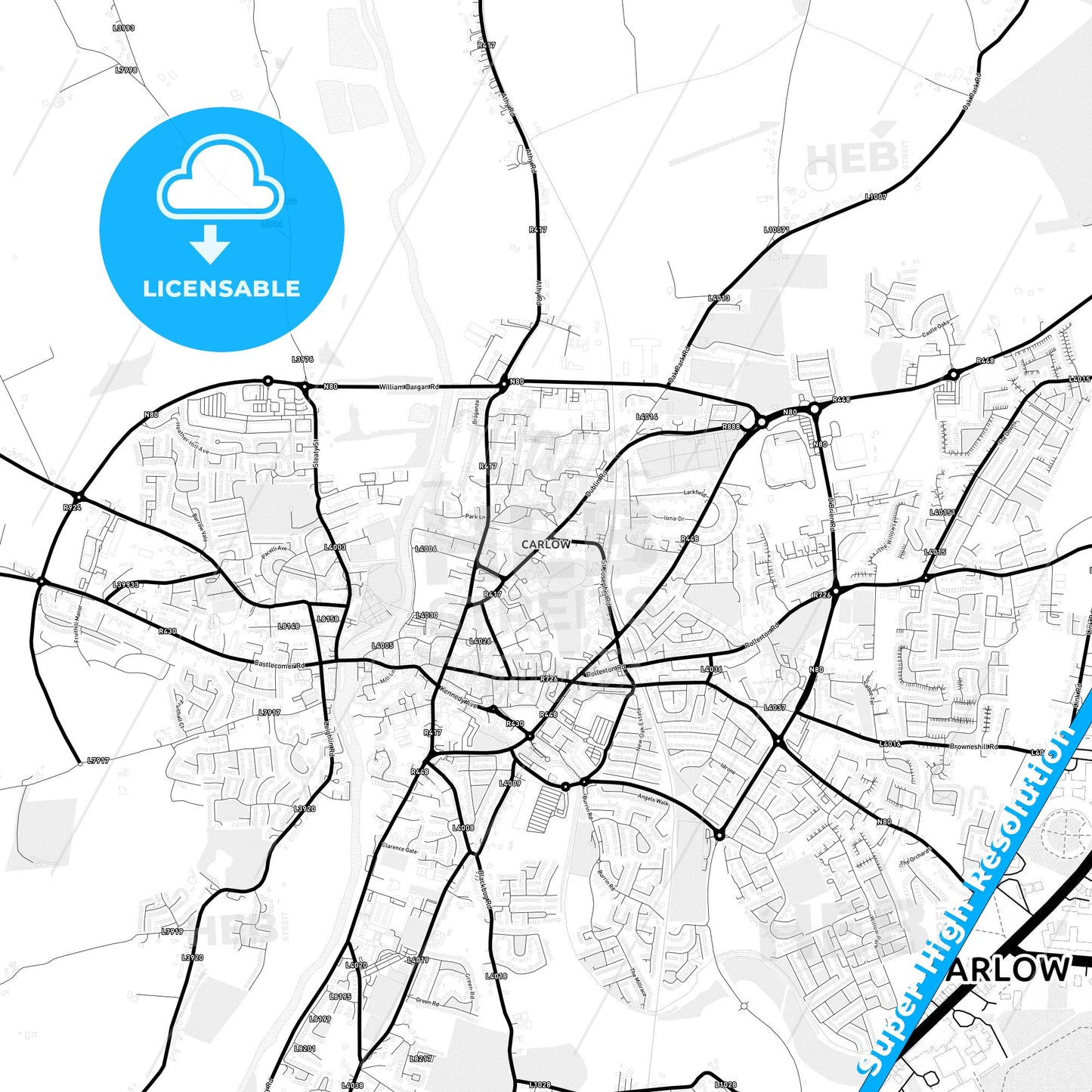 Carlow, Ireland Light Map with Street Names, City Names, and Districts