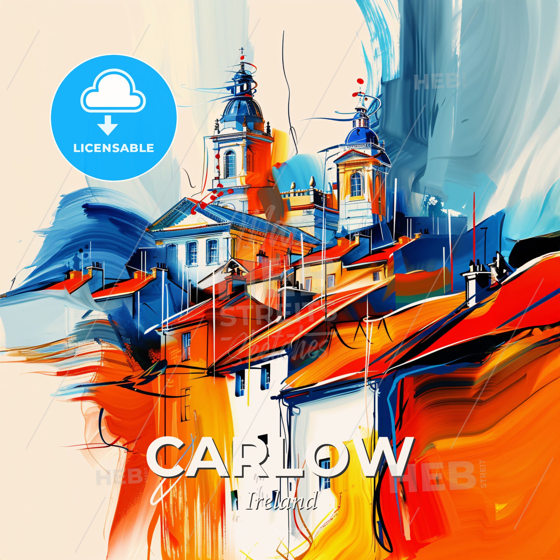 Vibrant Carlow, Ireland - A Painting Of A Building With A Tower And Roofs - Square format print template