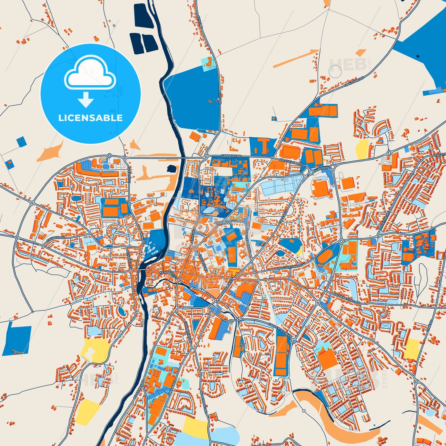 Colorful Carlow Street Map with Labels and Buildings