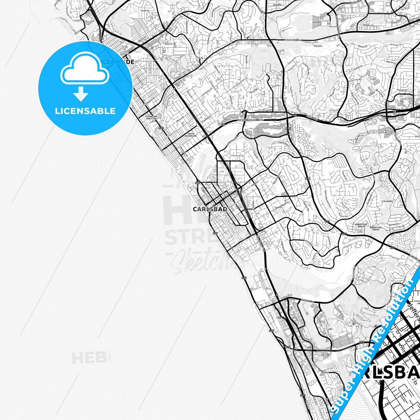 Carlsbad, California Light Map with Street Names, City Names, and Districts