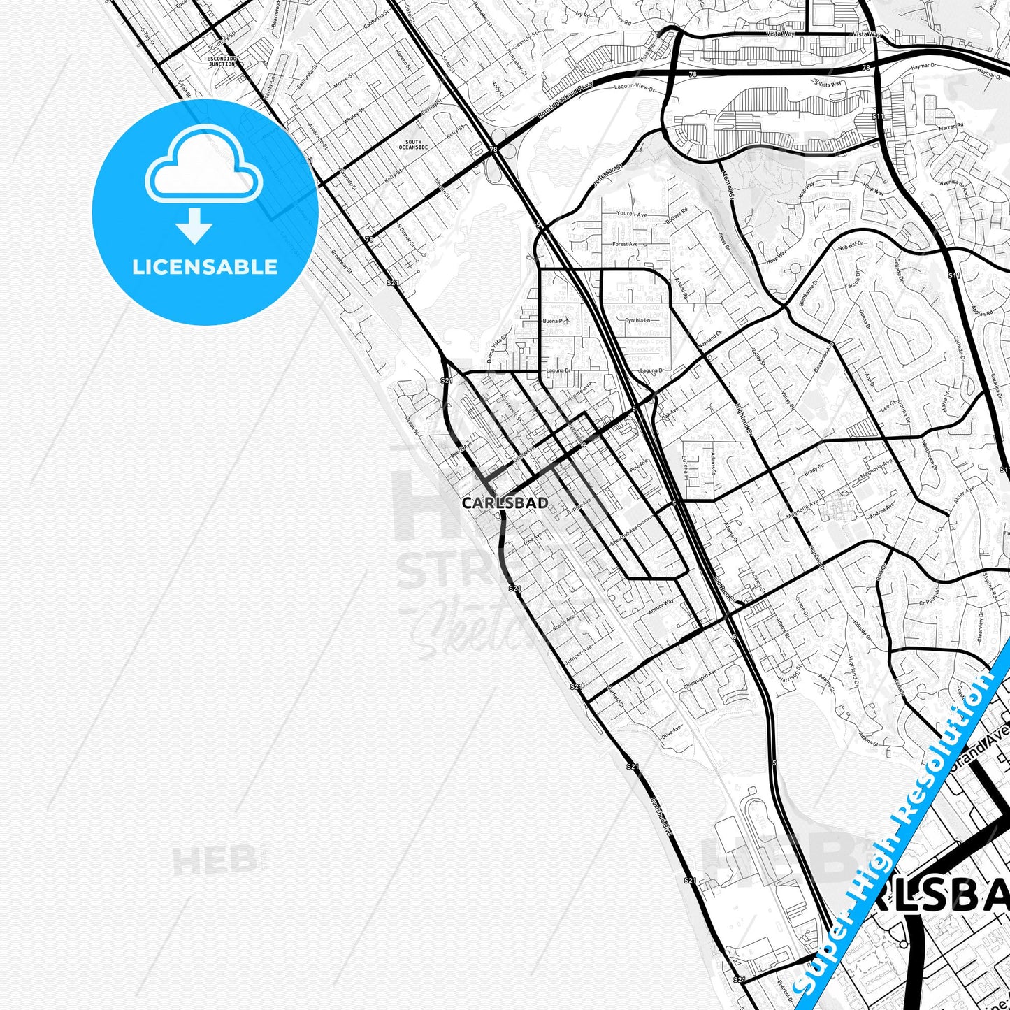Carlsbad, California Light Map with Street Names, City Names, and Districts