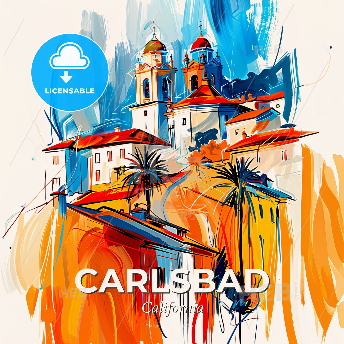 Vibrant Carlsbad, California - A Painting Of A Building With A Bell Tower And Palm Trees - Square format print template