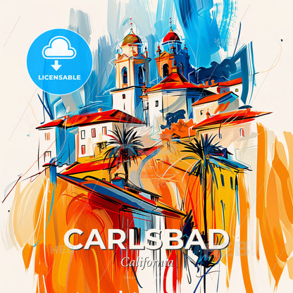 Vibrant Carlsbad, California - A Painting Of A Building With A Bell Tower And Palm Trees - Square format print template