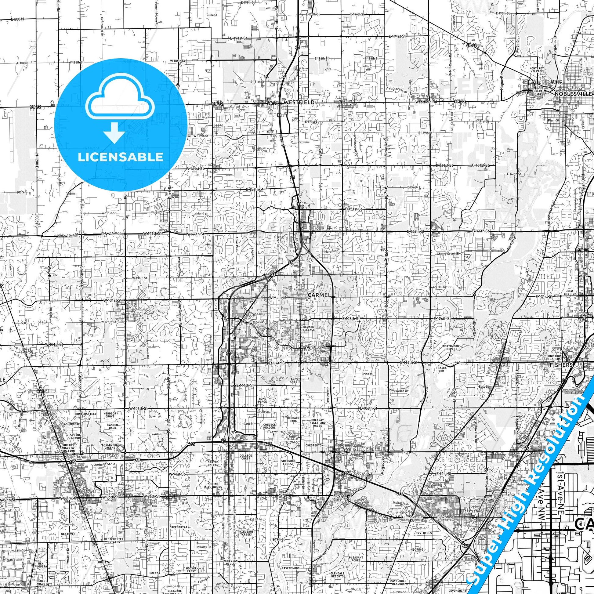 Carmel, Indiana light map with streetnames, citynames and districts
