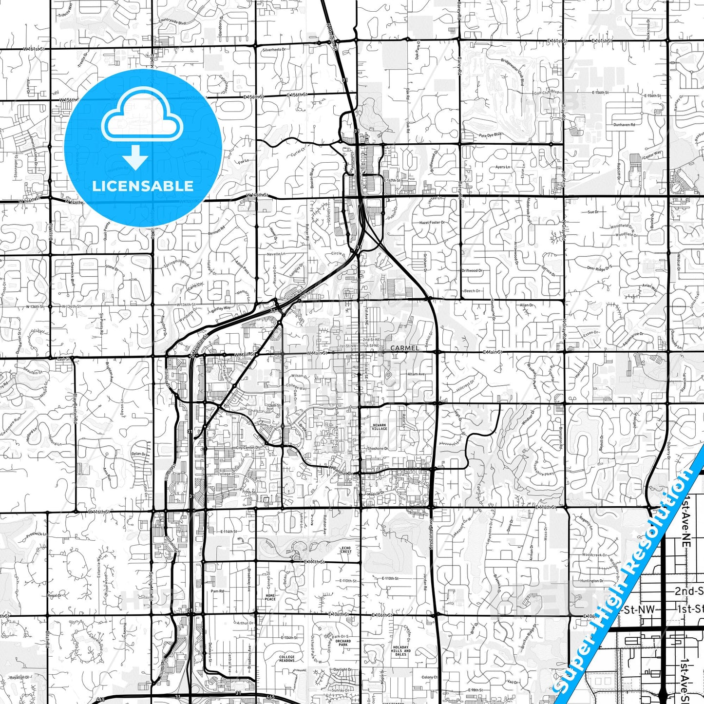 Carmel, Indiana Light Map with Street Names, City Names, and Districts