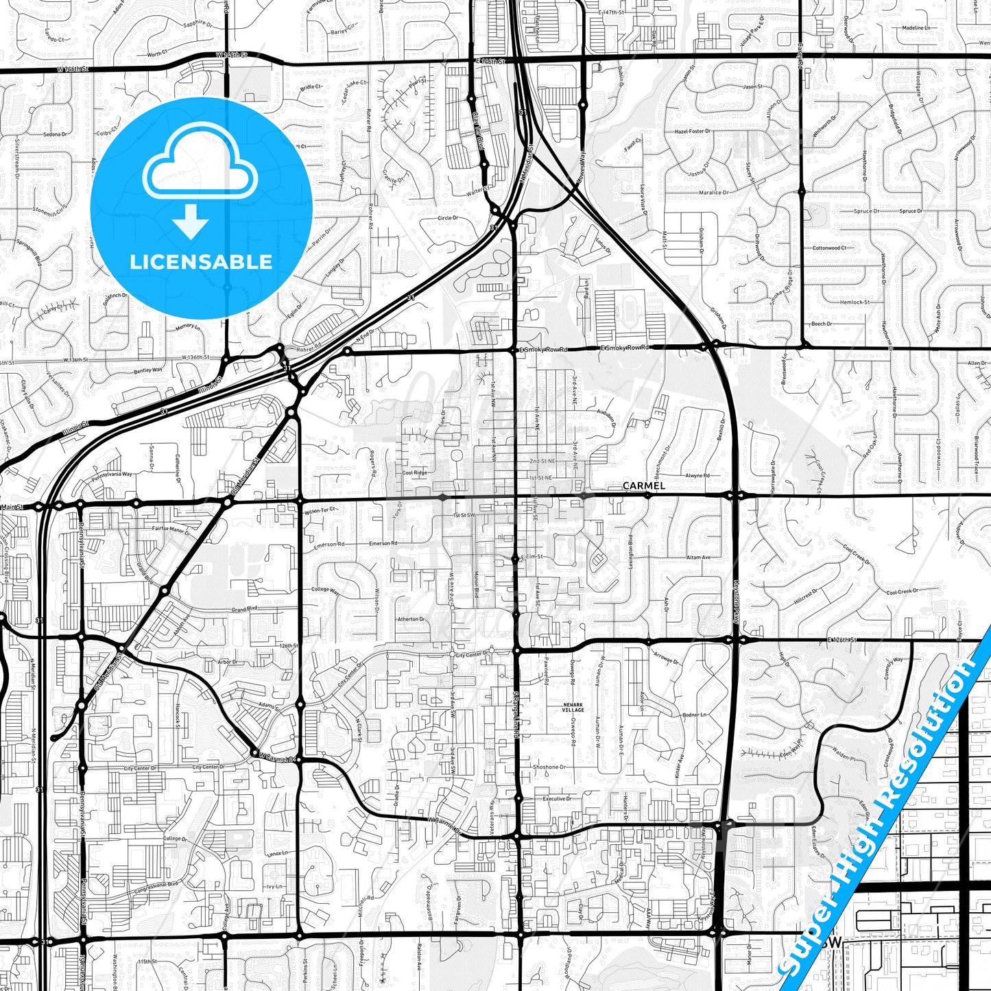 Carmel, Indiana Light Map with Street Names, City Names, and Districts