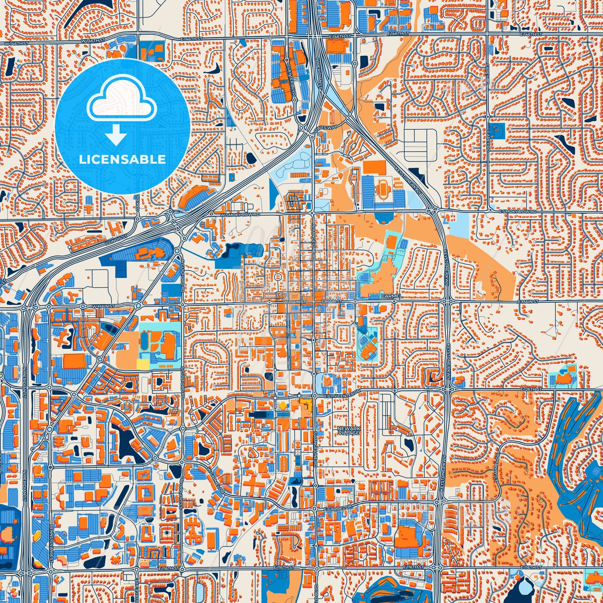 Colorful Carmel Street Map with Labels and Buildings