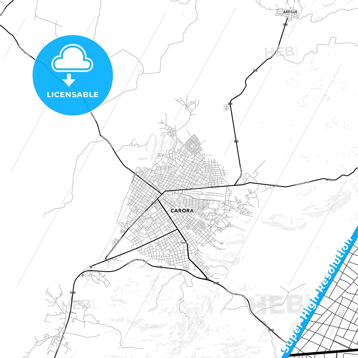 Carora, Venezuela Light Map with Street Names, City Names, and Districts