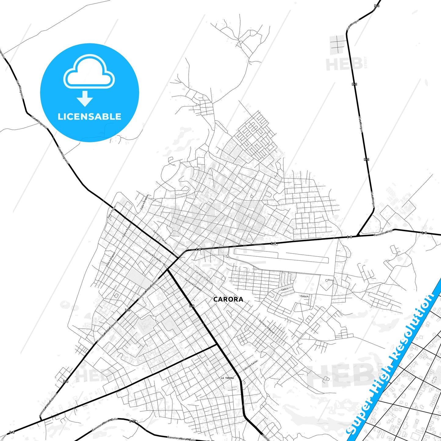 Carora, Venezuela Light Map with Street Names, City Names, and Districts