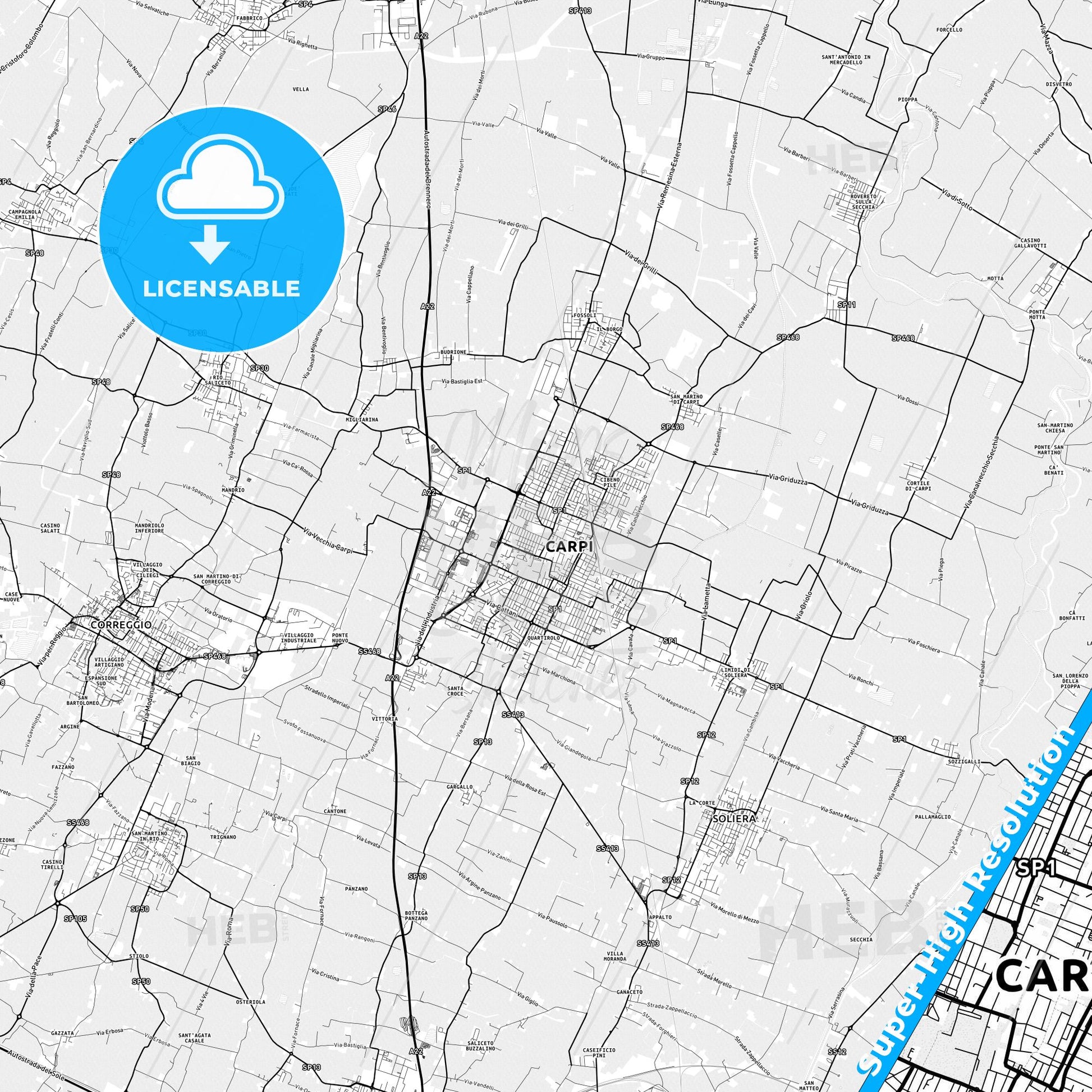 Carpi, Italy light map with streetnames, citynames and districts