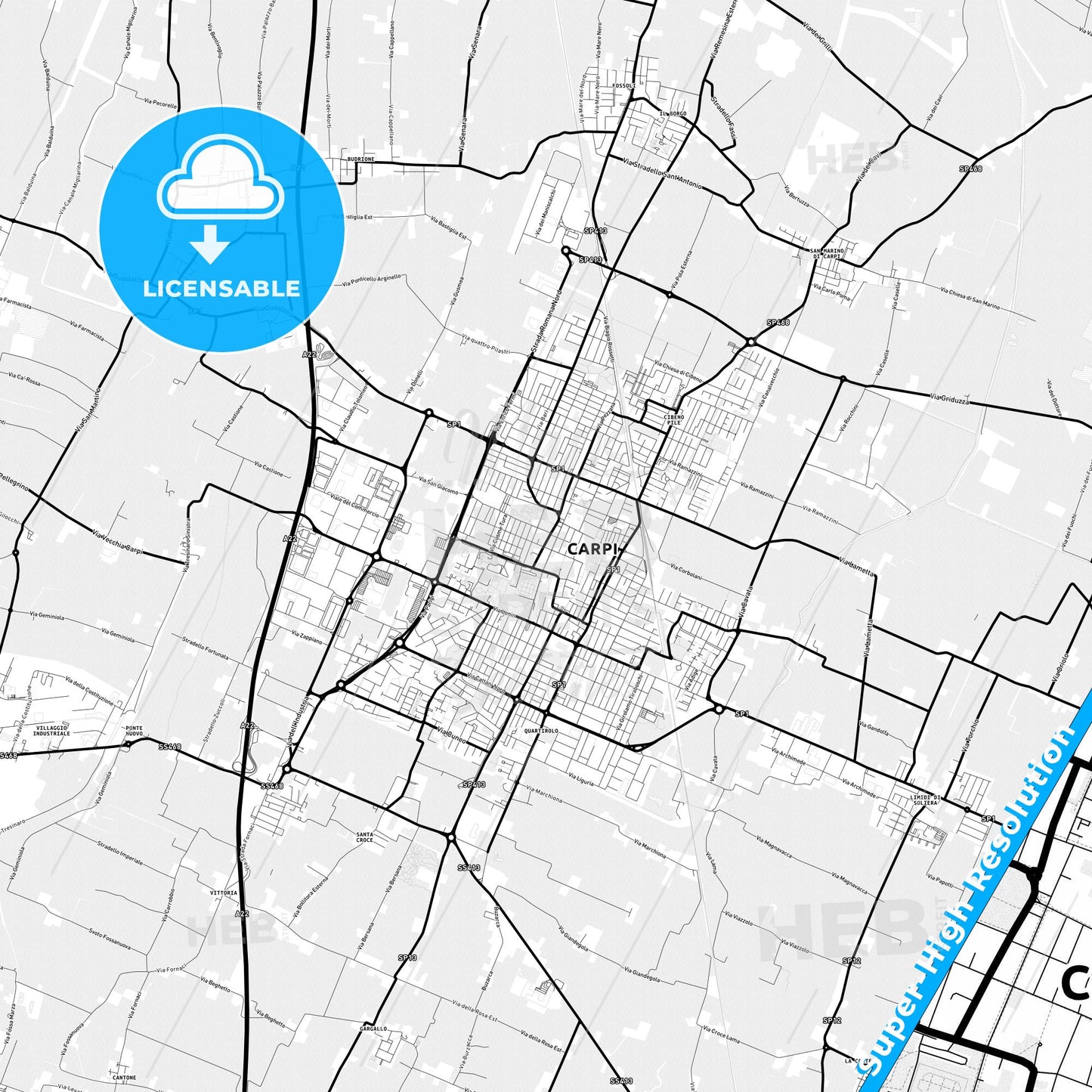 Carpi, Italy Light Map with Street Names, City Names, and Districts