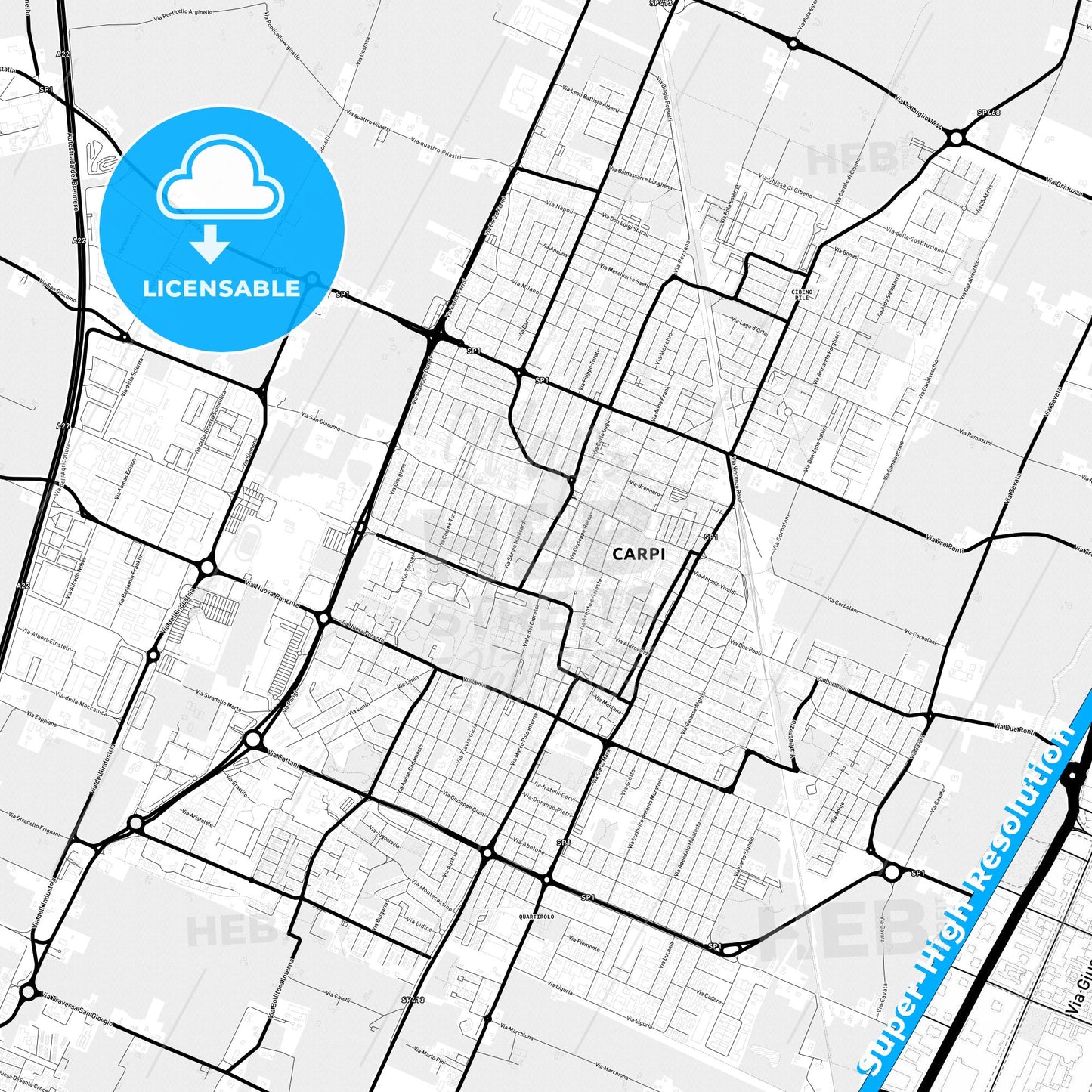 Carpi, Italy Light Map with Street Names, City Names, and Districts