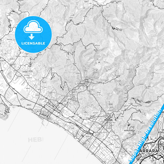 Carrara, Italy light map with streetnames, citynames and districts