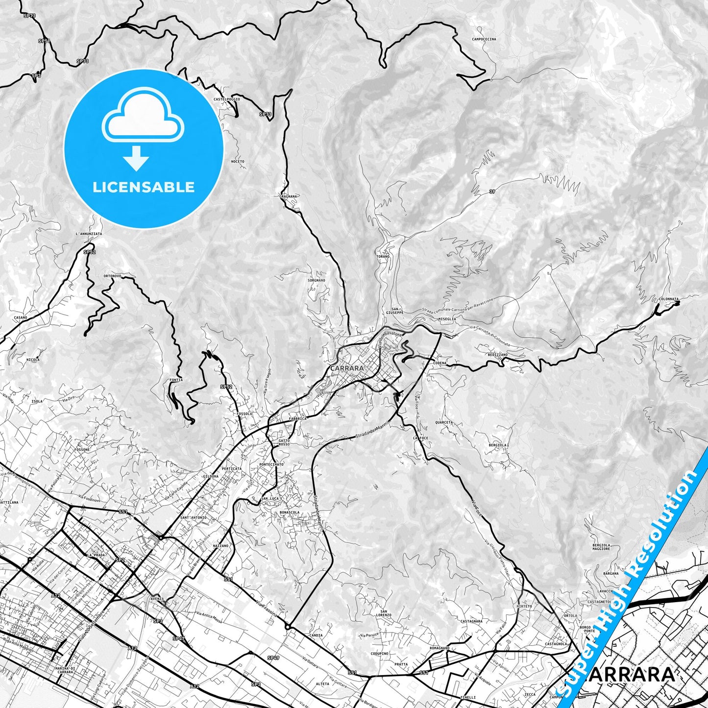 Carrara, Italy Light Map with Street Names, City Names, and Districts