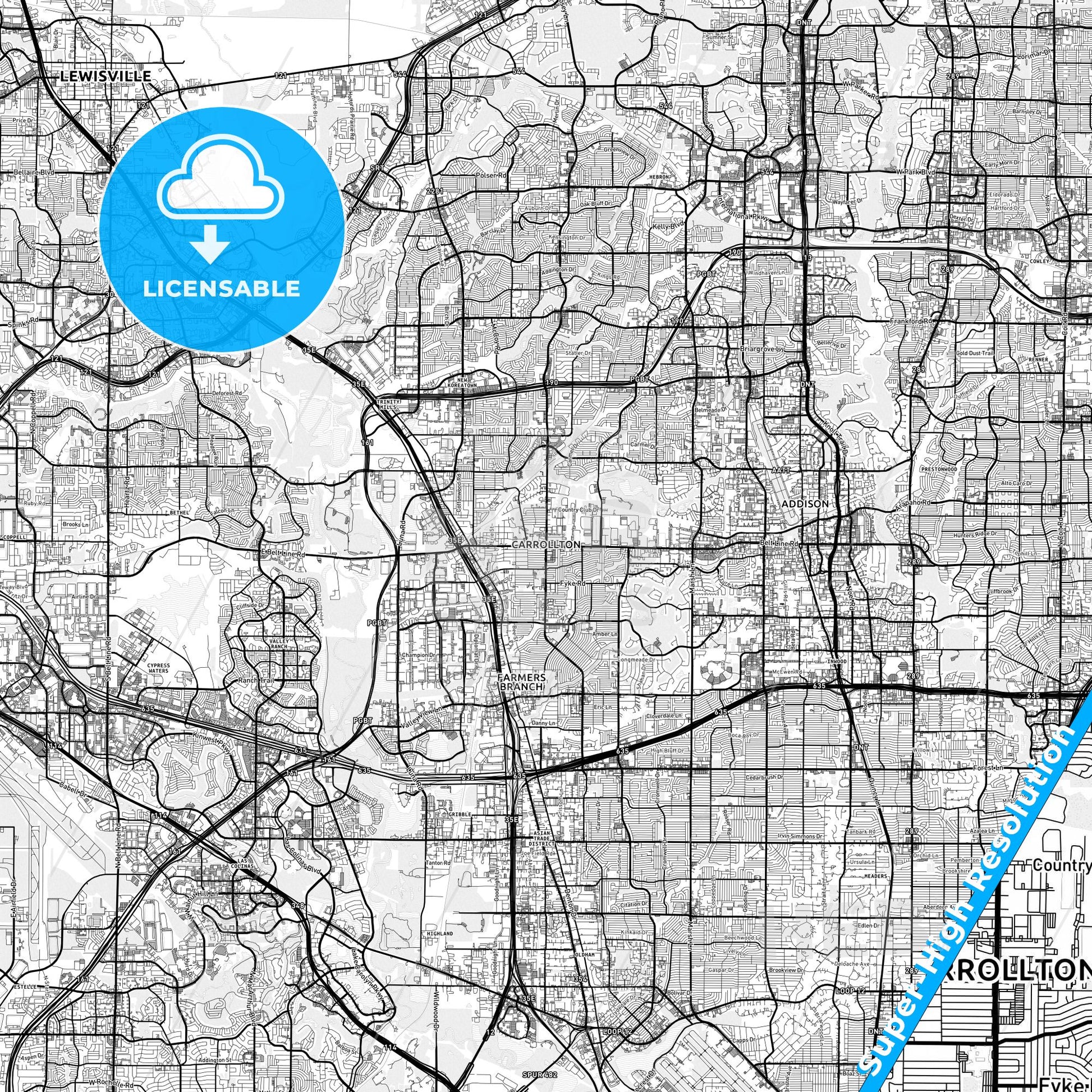 Carrollton, Texas light map with streetnames, citynames and districts