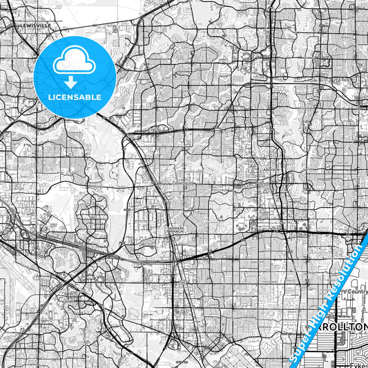 Carrollton, Texas light map with streetnames, citynames and districts