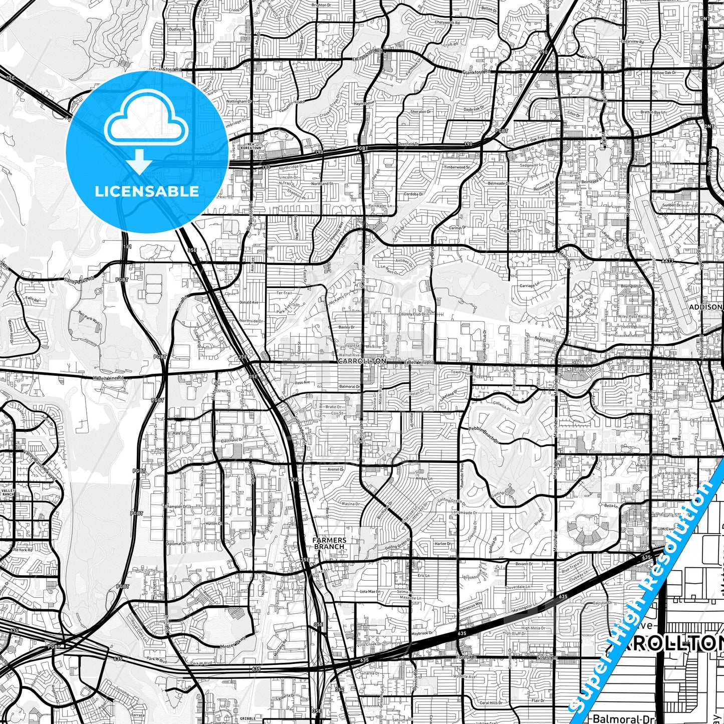 Carrollton, Texas Light Map with Street Names, City Names, and Districts