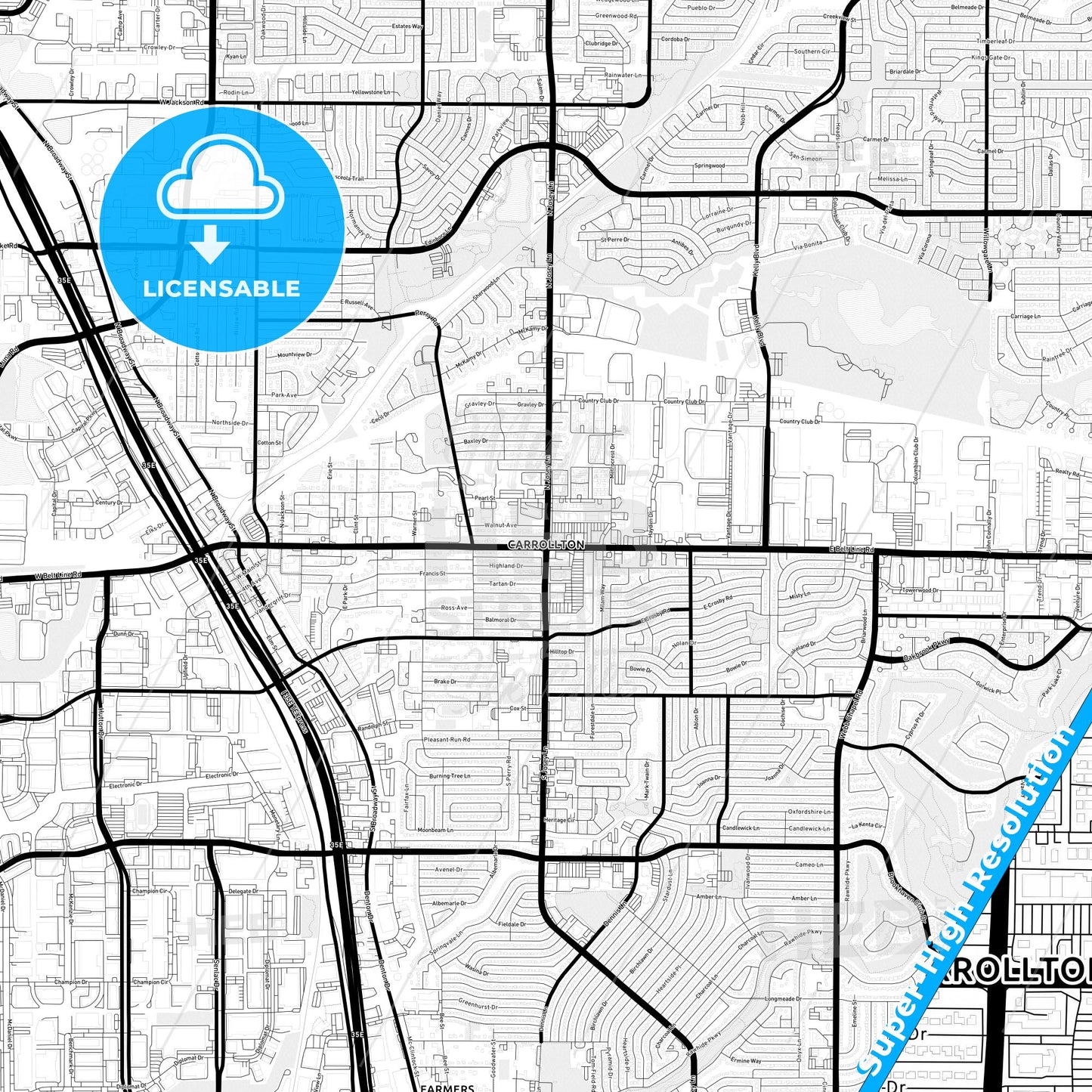 Carrollton, Texas Light Map with Street Names, City Names, and Districts