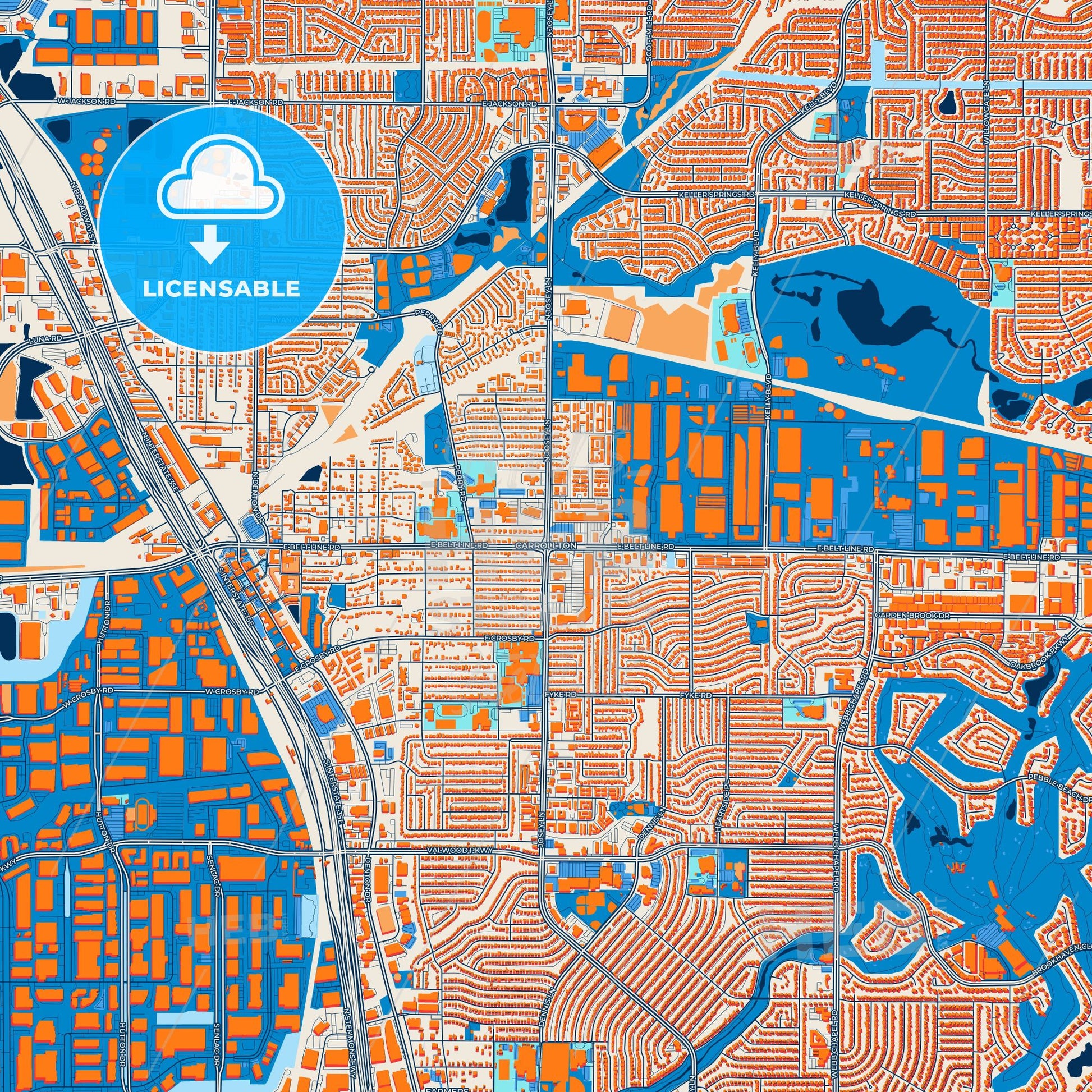 Colorful Carrollton Street Map with Labels and Buildings