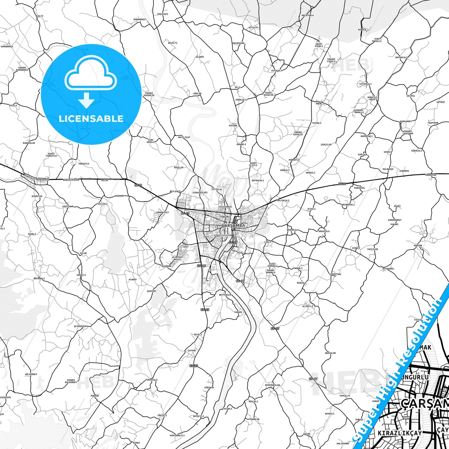 Çarşamba, Turkey light map with streetnames, citynames and districts