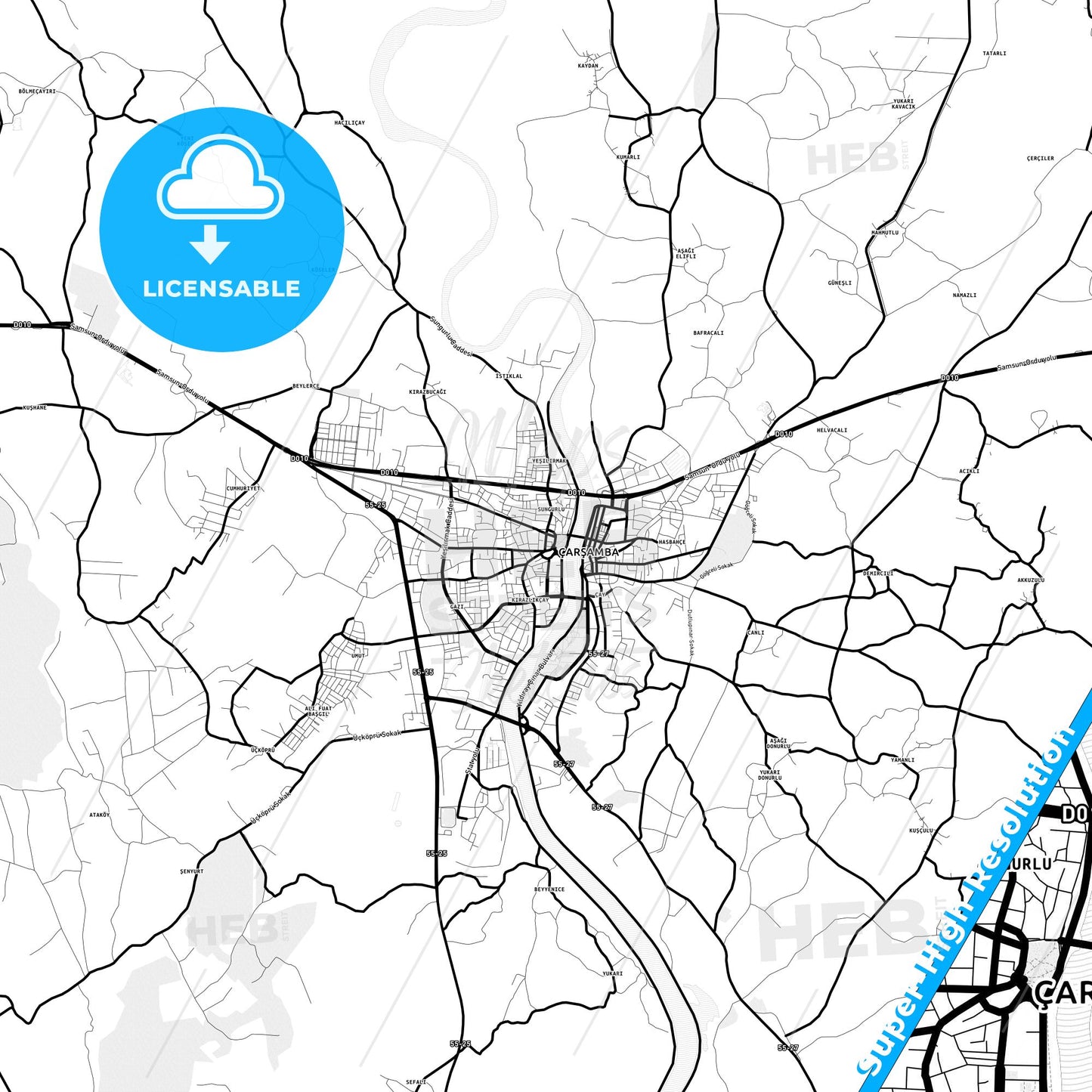 Çarşamba, Turkey Light Map with Street Names, City Names, and Districts