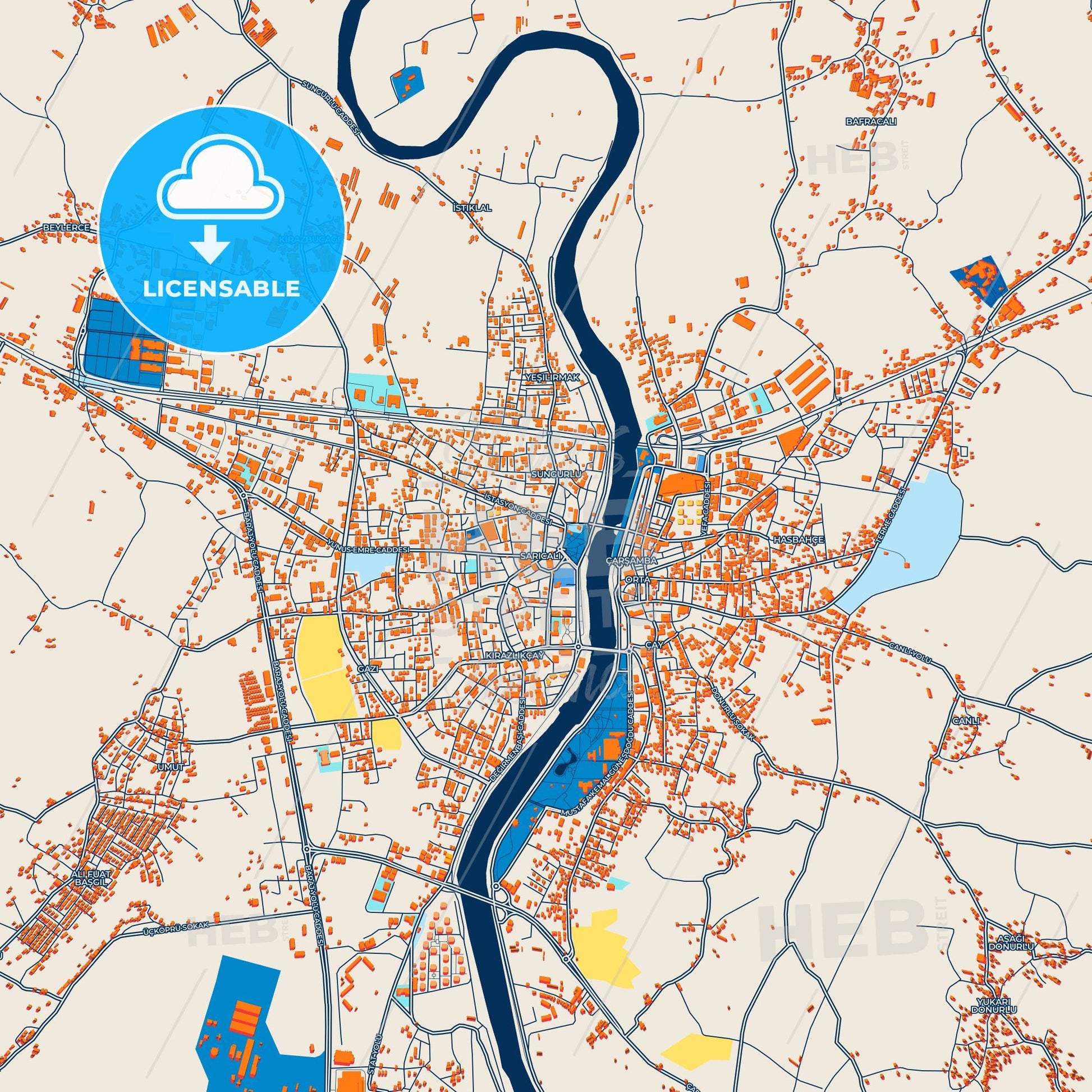 Colorful Çarşamba Street Map with Labels and Buildings