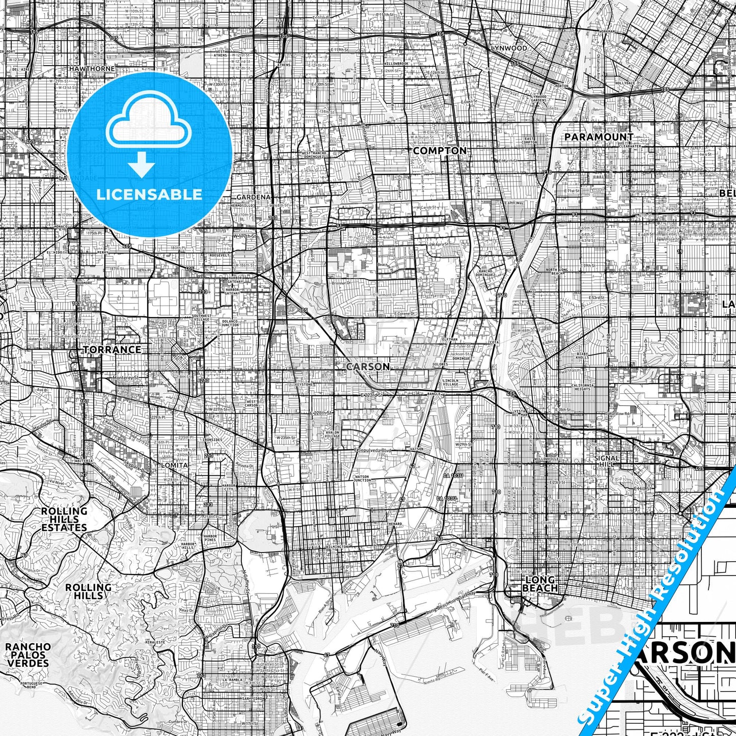 Carson, California light map with streetnames, citynames and districts