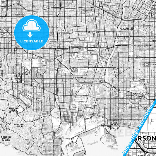 Carson, California light map with streetnames, citynames and districts
