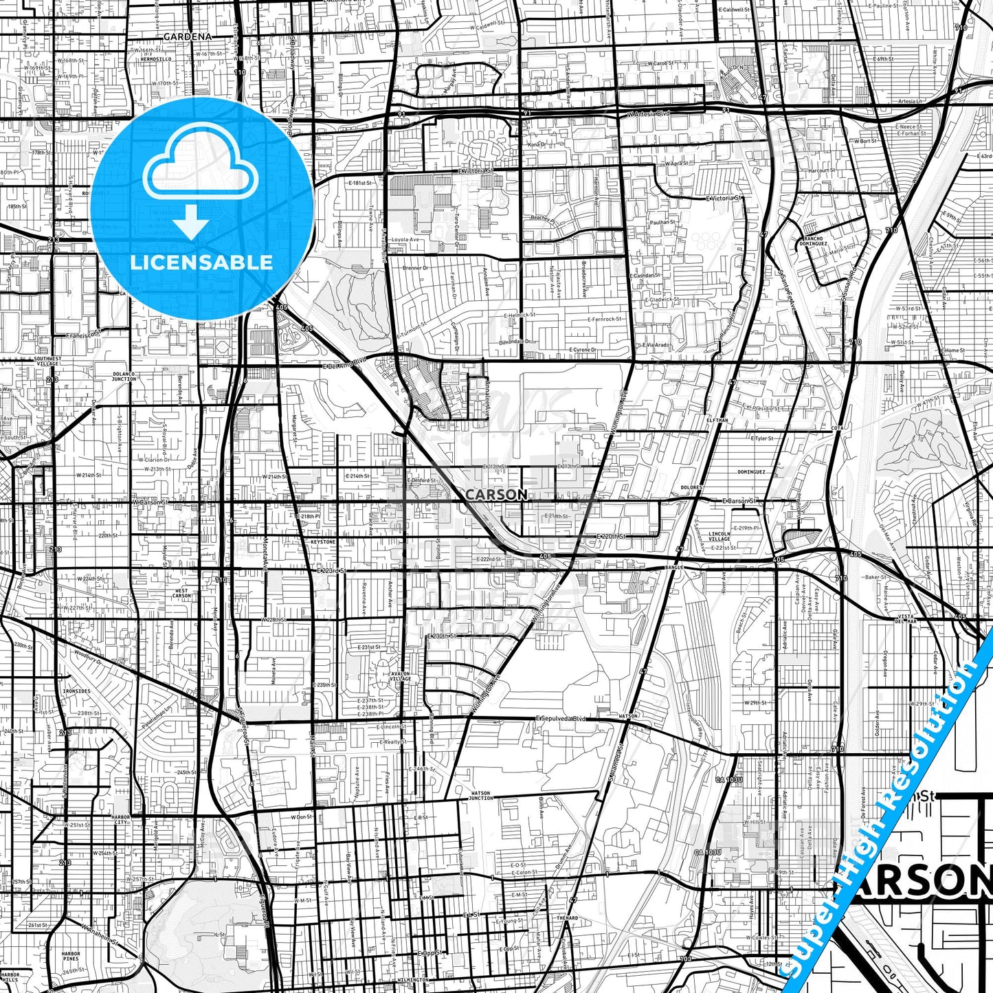 Carson, California Light Map with Street Names, City Names, and Districts